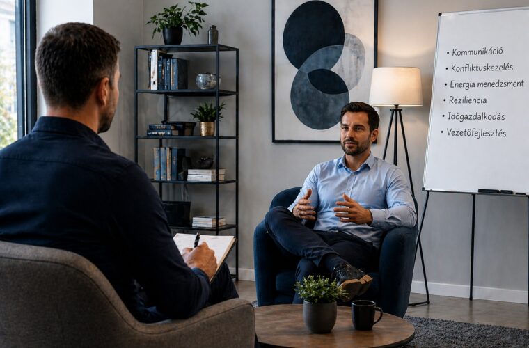 Egyéni tréning és integrált stresszkezelés coaching modern irodában vezetőfejlesztési témákkal