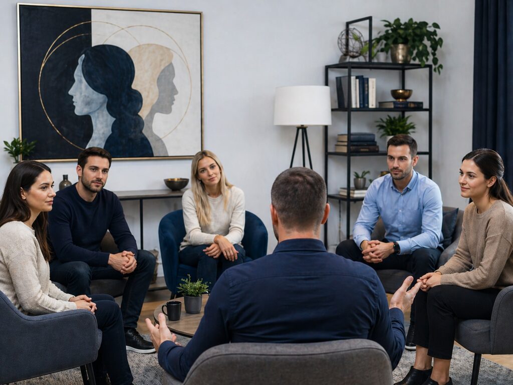Férfiasság és nőiesség coaching csoportos foglalkozás férfi coach vezetésével modern belső térben